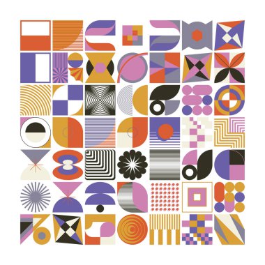 Modern soyut vektör şekilleri, poster, kapak, resim, sunum, baskı, kumaş, duvar kağıdı vs. için çeşitli basit geometrik formların ve renkli grafik unsurlarının koleksiyonu.