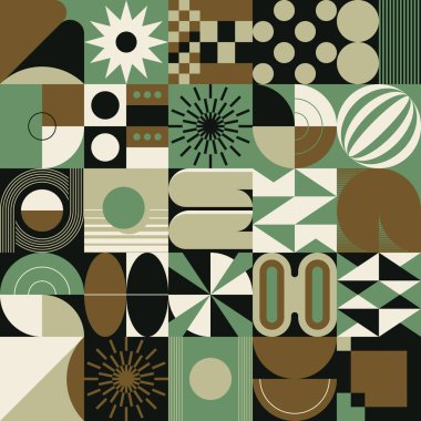 Cesur geometrik şekiller ve poster, kapak, sanat, sunum, baskı, kumaş, duvar kağıdı ve benzeri soyut figürlerle yapılmış modernizm estetiğinden esinlenilmiş soyut desenli grafik tasarımı.