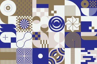 Soyut geometrik şekiller ve kalın formlarla yapılmış Ortaçağ hareket tasarımından esinlenilmiş dekoratif sanat. Poster, kapak, sanat, sunum, baskı, kumaş, duvar kağıdı ve benzeri dijital grafikler.