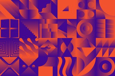 Neon renkli soyut vektör desenli sanat eserleri çeşitli geometrik şekiller ve elementlerle yapıldı. Poster, kapak, sanat, sunum, baskı, kumaş, duvar kağıdı ve benzeri dijital grafik tasarımı.