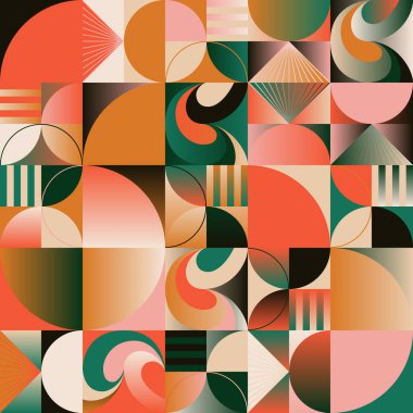 Cesur geometrik şekiller ve poster, kapak, sanat, sunum, baskı, kumaş, duvar kağıdı ve benzeri soyut figürlerle yapılmış modernizm estetiğinden esinlenilmiş soyut desenli grafik tasarımı.