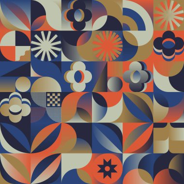 Lively trendy naive seamless pattern graphics with art nouveau motif aesthetics, built with a generative design approach and minimalist geometric forms and abstract vector shapes.