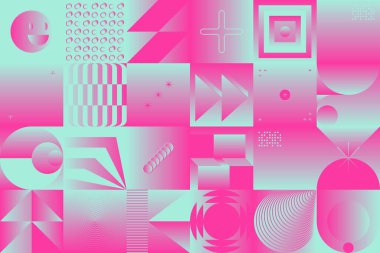 Garip psikedelik renk grafikleri ve soyut geometrik şekiller ve minimalist geometri formlarıyla yapılmış modern vektörsüz desenler. 