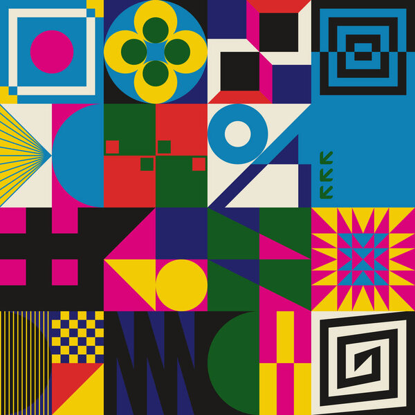 Modern Art pattern inspired by Bauhaus design made with abstract geometric shapes and bold forms. Digital graphics elements for poster, cover, art, presentation, prints, fabric, wallpaper and etc.