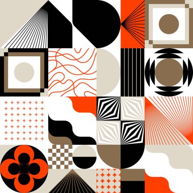 Bauhaus tasarımından esinlenerek soyut geometrik şekiller ve kalın formlarla yapılmış modern sanat deseni. Poster, kapak, resim, sunum, baskı, kumaş, duvar kağıdı ve benzeri dijital grafik ögeleri.