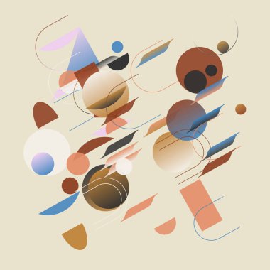 Bauhaus tasarımından esinlenerek soyut geometrik şekiller ve kalın formlarla yapılmış modern sanat deseni. Poster, kapak, resim, sunum, baskı, kumaş, duvar kağıdı ve benzeri dijital grafik ögeleri.