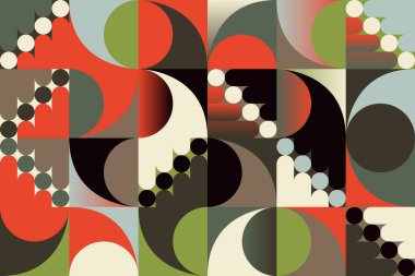 Üretken tasarım yaklaşımı ve minimalist geometrik formlar ve soyut vektör şekilleri ile inşa edilmiş, orta yüzyıl motif estetiğine sahip 60 'lı yılların retro stil kusursuz desenleri grafikleri. 