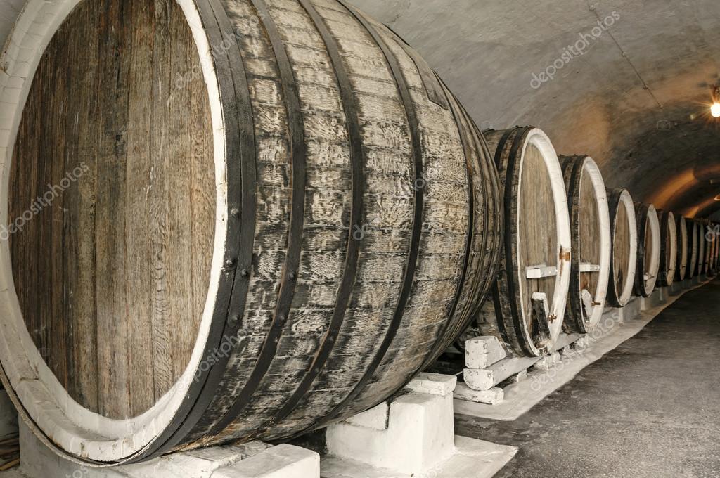 Row of big oak wine casks in wine cellar