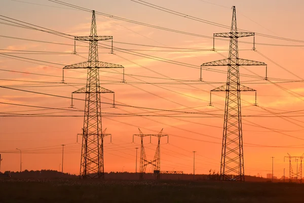 Linhas de transmissão de energia elétrica ao pôr do sol — Fotografia de Stock