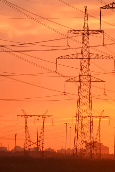 Elektrische transmissielijnen bij zonsondergang — Stockfoto