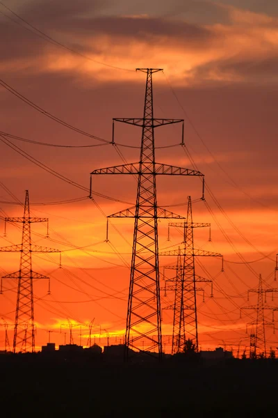 Lignes de transport d'électricité au coucher du soleil — Photo