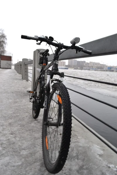 Sport bike on background of a winter landscape — Stock Photo, Image