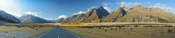 Estrada vazia em linha reta que leva a Aoraki-Mount Cook — Fotografia de Stock