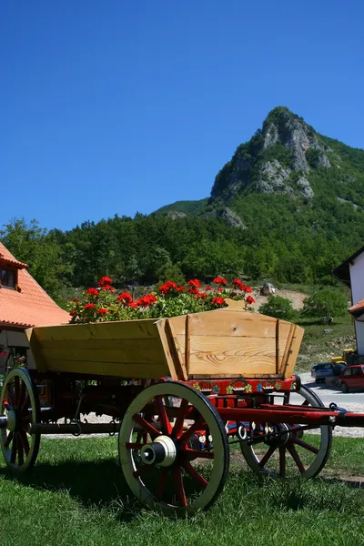 Schöne hölzerne Karre im serbischen Dorf — Stockfoto