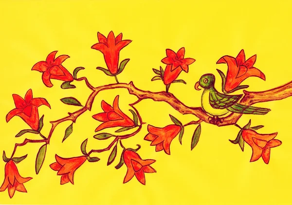 Vogel auf Zweig mit orangen Blüten, Malerei — Stockfoto
