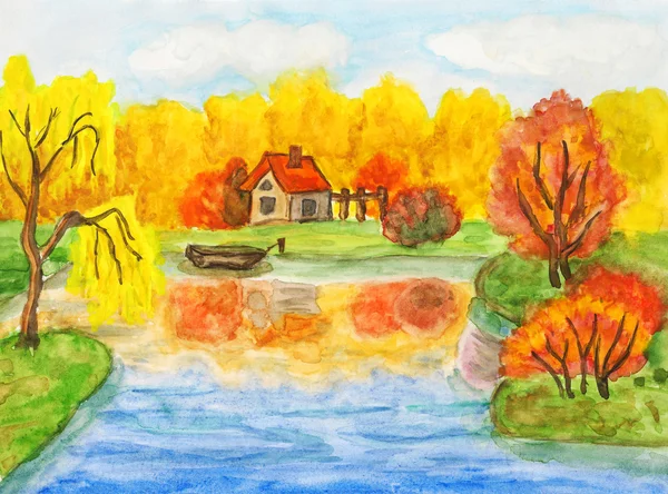 Autumn landscape with house, painting — Stock Photo, Image