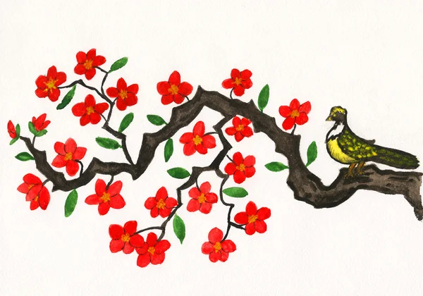 Bird on branch with red flowers — Stock Photo, Image