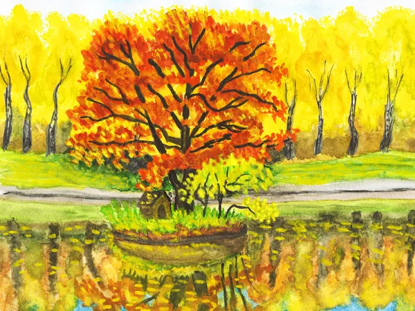 Paisagem de outono com árvore vermelha, pintura — Fotografia de Stock
