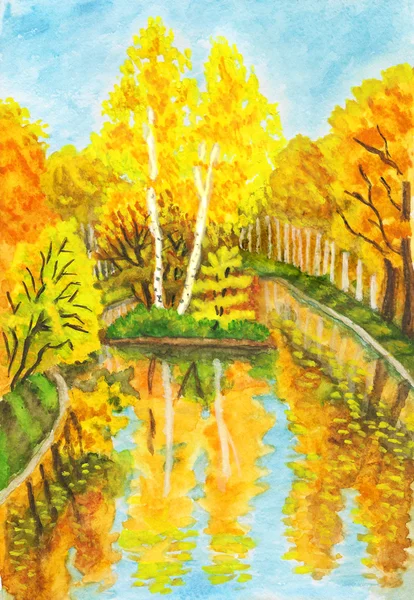 Paysage d'automne avec île, peinture — Photo