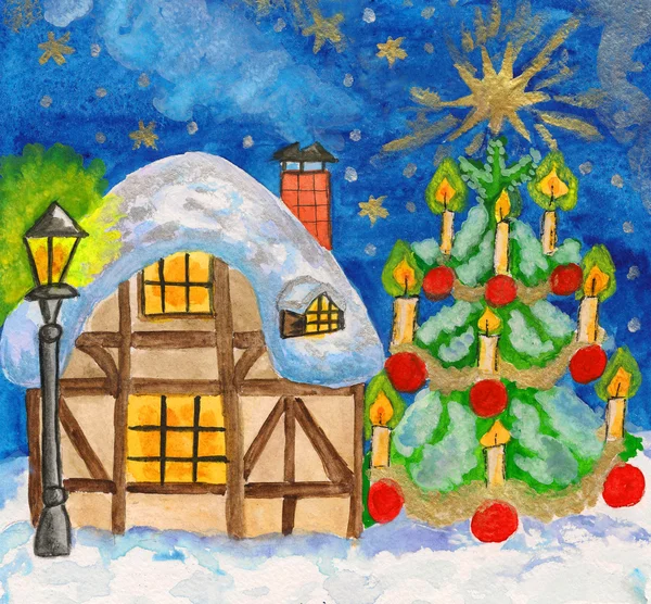 Hus och julgran, hand målat jul bild — Stockfoto
