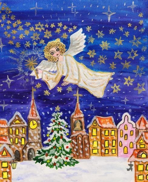 Engel mit Wunderkerze, Weihnachtsbild — Stockfoto