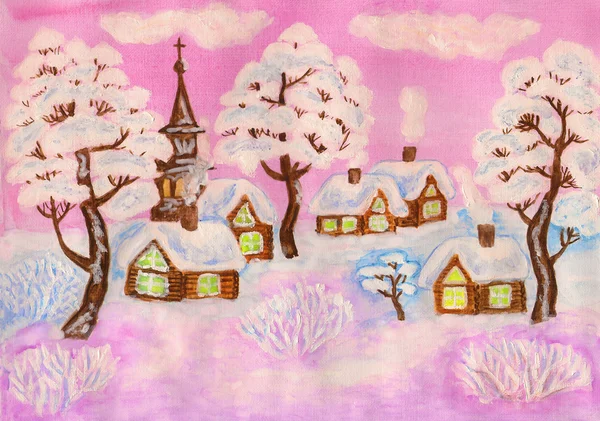 Зимовий пейзаж на рожевому, картина Стокове Зображення