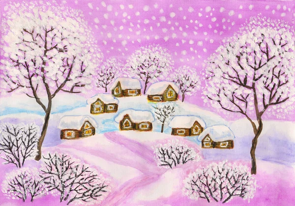 Зимовий пейзаж у фіолетових кольорах, живопис Стокове Зображення
