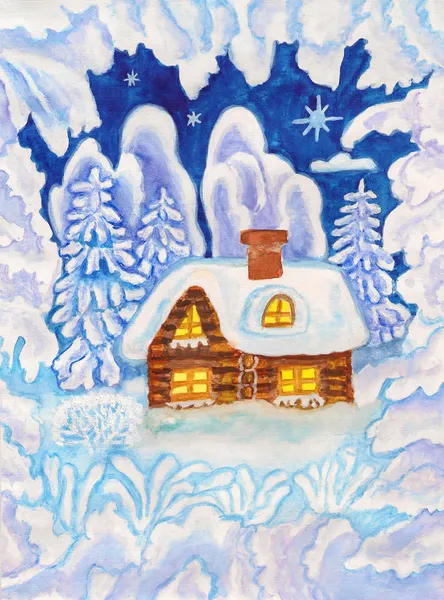 Haus im Schneerahmen, Malerei — Stockfoto