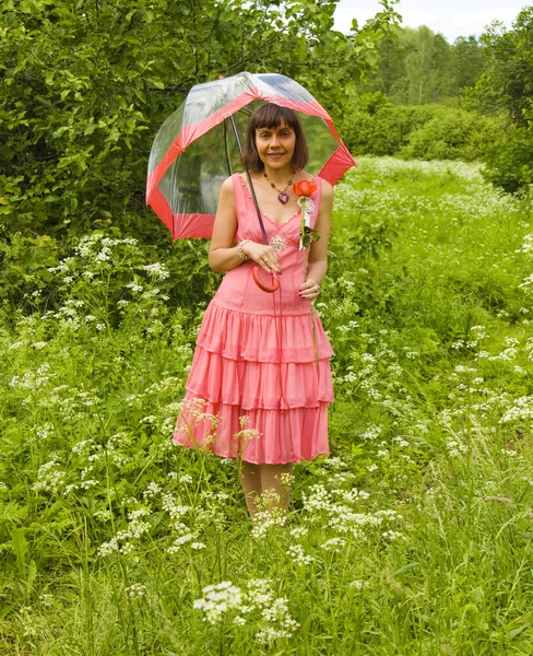 Young woman with umbrella and red rose Stock Picture