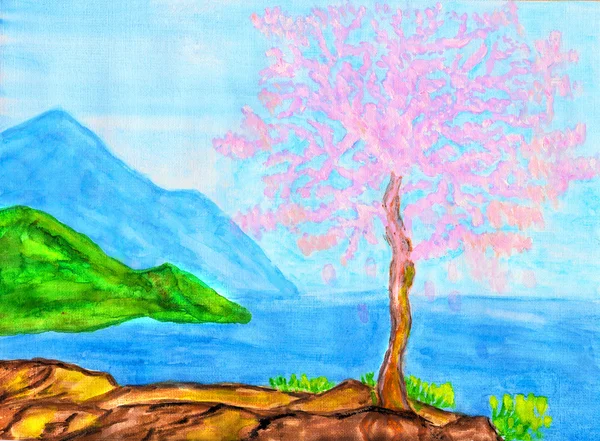 Arbre rose sur la côte, peinture — Photo