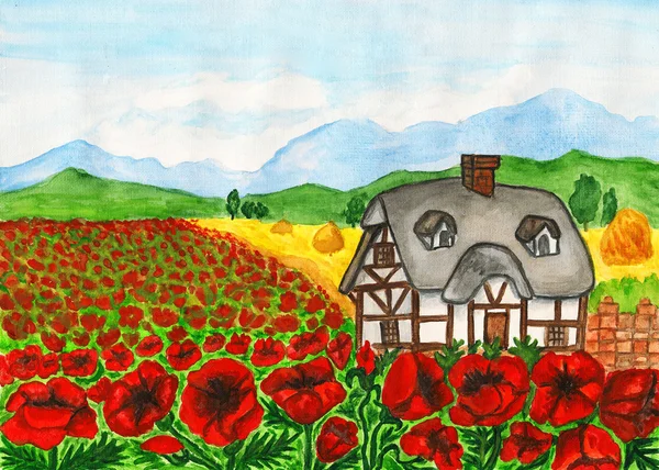 House with red poppies, painting — Stock Photo, Image