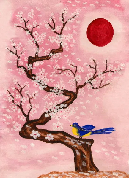 Fågel på gren med vita blommor, målning — Stockfoto