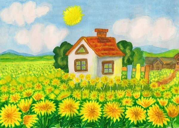 House with yellow dandelions — Stock Photo, Image