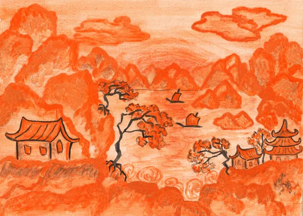 Chinese landschap in oranje, schilderij — Stockfoto