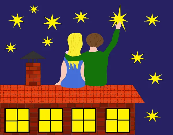 Pareja en el techo con estrellas — Vector de stock