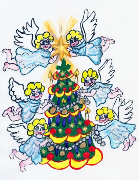 Andělé a vánoční strom, malování — Stock fotografie
