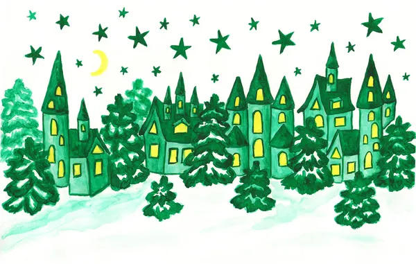 Winterlandschap met huizen in turquoise kleuren — Stok fotoğraf