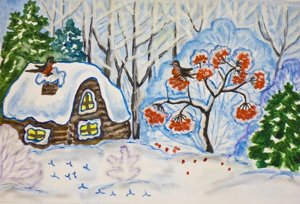 Vinterlandskap med hus och ash tree, målning — Stockfoto