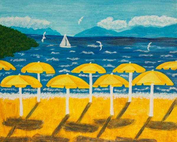 Seascape with yellow beach umbrellas acrylic painting on canvas — стоковое фото