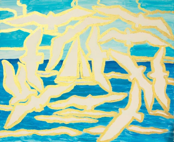 Θαλάσσιο Τοπίο Γλάρους Και Πανί Ακρυλική Ζωγραφική Βαμβακερό Καμβά — Φωτογραφία Αρχείου