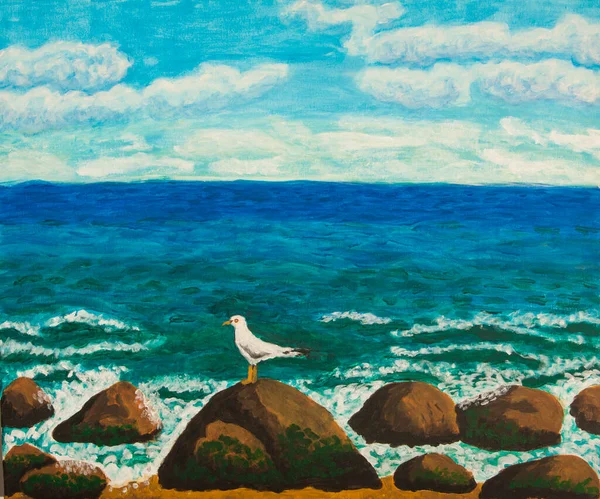 Seascape Mouette sur pierre Peinture acrylique originale sur toile — Photo