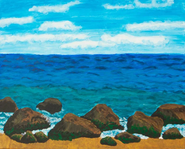 Seascape stones on seacoast acrylic painting on canvas.