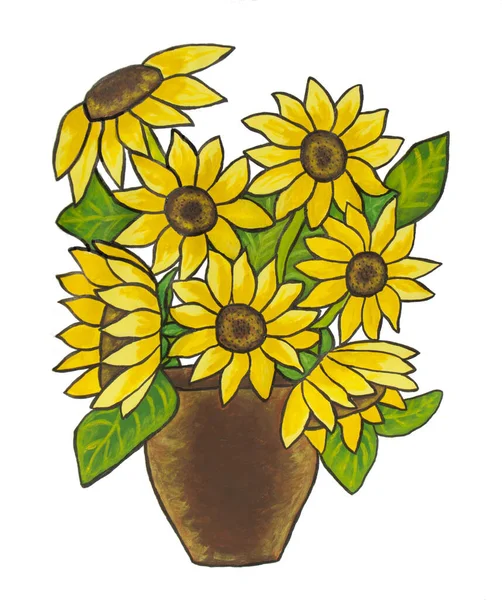 Sunflowers Vase White Background Acrylic Painting Canvas — Stock Photo, Image
