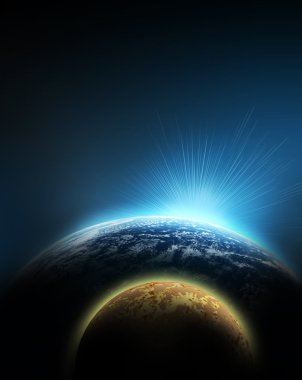 Planet sunrise arka yıldızların ve gezegenlerin geçit ile