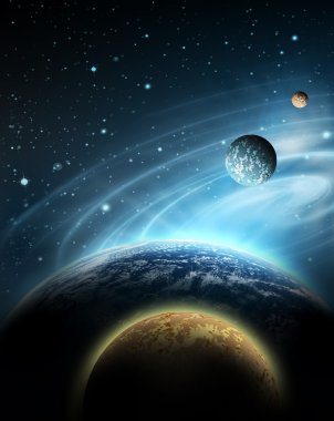 Planet sunrise arka yıldızların ve gezegenlerin geçit ile
