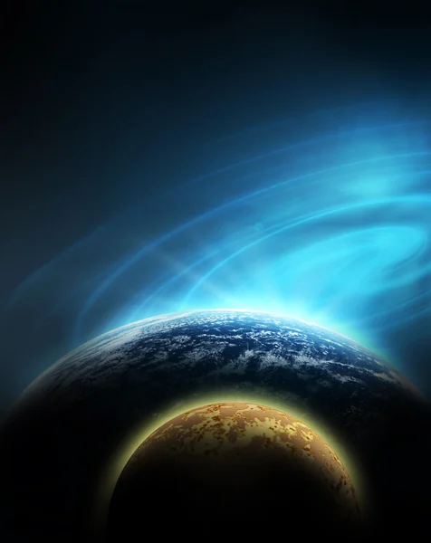 Planet mit Sonnenaufgang auf dem Sternenhintergrund und Planetenparade — Stockfoto