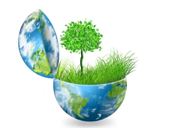 Environmental Concept. Globe and a green tree in the hands against the backdrop of a ripple — Stock Photo, Image