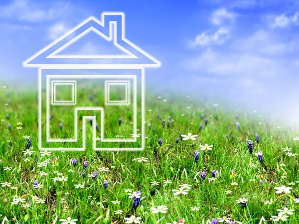 New house imagination on green meadow Stock Picture