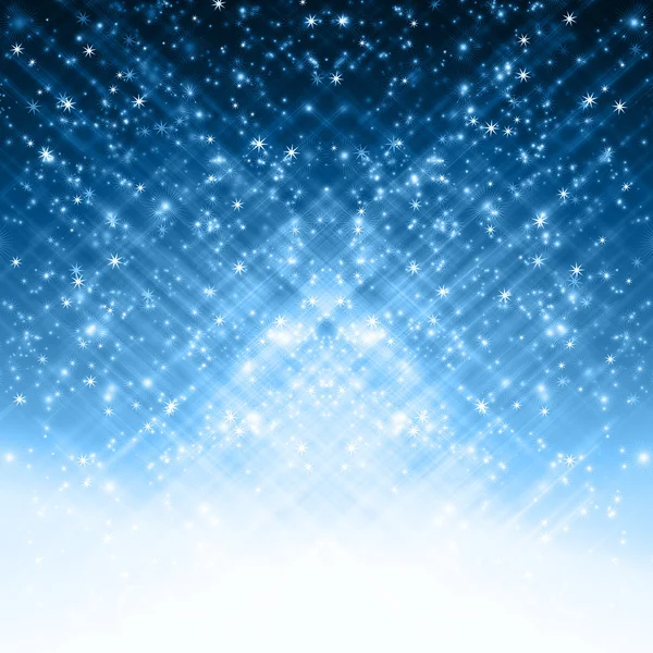 Snowflakes and stars descending on a path of blue light — Stock Photo, Image