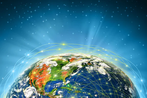 Planeet aarde en licht transmissienet — Stockfoto